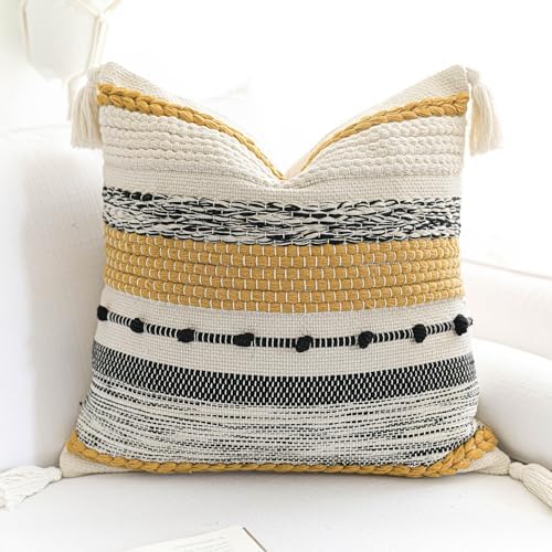 BlissBlush Yellow Mustard Decorative Throw Pillow Cover 18x18 Square Boho by BlissBlush