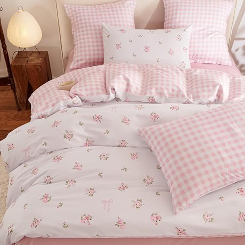 Nayoroom Pink Floral Comforter Set Full Reversible Gingham Bedding - Image 2
