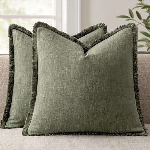 ANRODUO Euro Decorative Linen Fringe Pillow Covers 26×26 Olive Green 2 Pack by ANRODUO