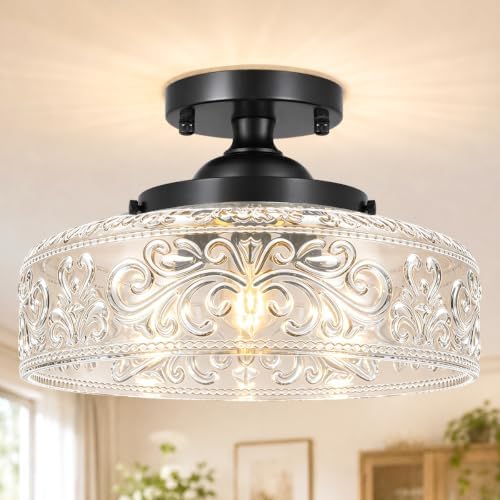 Semi Flush Mount Ceiling Light Fixture, Vintage Matte Black 3-Light Fixture by Daunton