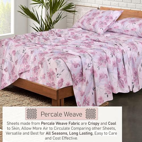 RUVANTI 100% Cotton Split King Sheets, Percale Sheet Set, Lilac Floral - Image 3