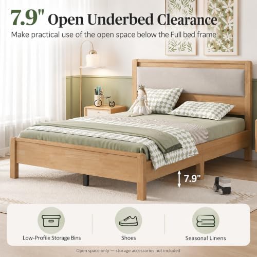 Full Bed Frame with Upholstered Headboard, Wooden Platform Bed - Image 7