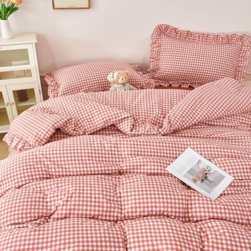 Red Gingham Queen Comforter Sets 5 Pcs Vintage Ruffled Bedding Set - Image 2
