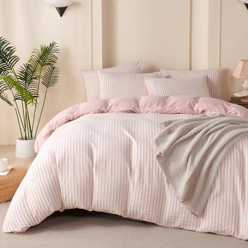 Pink Comforter King Size Set Striped 100% Soft Washed Microfiber Jacquard 3 by BUPIRD