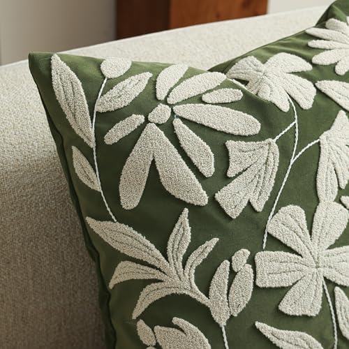 BlissBlush Decorative Lumbar Pillow Cover 12x20 Inch, Olive Green Floral Tufted - Image 4