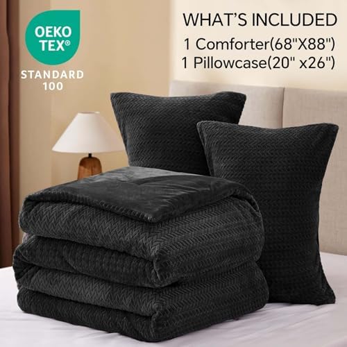 ChiXpace Fleece Twin Size Comforter Set Black, Fluffy Bed Set 2 Pieces - Image 5