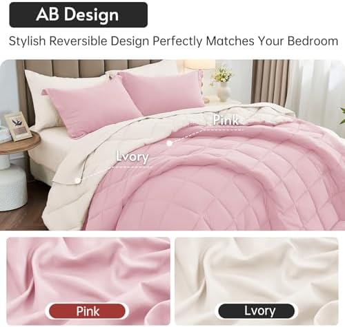 King Comforter Set 7 Pieces, Reversible Bed in a Bag, Light Pink/Ivory - Image 3