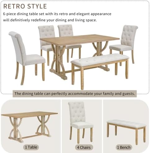 SogesHome 6-Piece Dining Table Set with Upholstered Chairs and Bench, Modern Retro Rectangular Kitchen Table, Rustic Farmhouse Style Decor Dining Table for Dining Room, Breakfast (Natural Wood Wash)