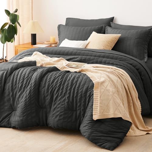 CozyLux King Size Comforter Set, 7 Pieces Dark Grey Seersucker Bed in a Bag by CozyLux