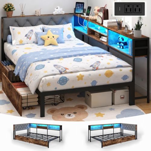 Twin Corner Bed Frame with Storage Drawers, Charging Station, LED Lights by Viekoet