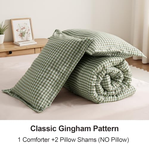 King Comforter Set, Fluffy Green Gingham Plaid Bedding, 3 Pieces - Image 4