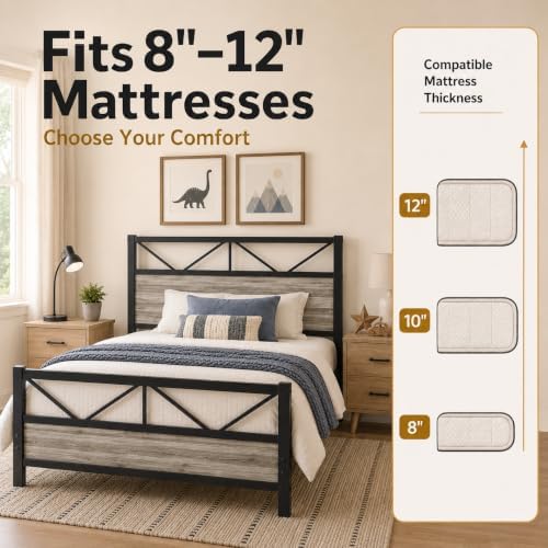 Twin Size Bed Frame with 51.2'' Tall Headboard, Wash Grey - Image 6