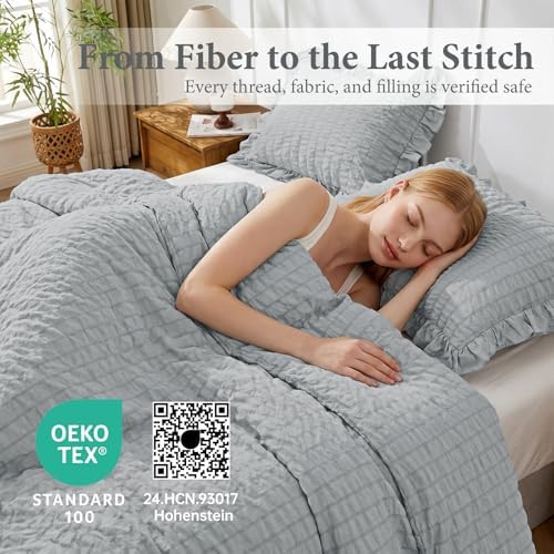 JOLLYVOGUE Light Grey Queen Comforter Set, 3 Pieces Seersucker Comforters Queen - Image 4