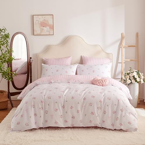 Nayoroom Pink Floral Comforter Set Full Reversible Gingham Bedding - Image 7