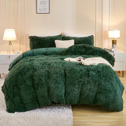 Andency Dark Emerald Green Twin Comforter Set, Fluffy Faux Fur Warm Bed Set - Image 3