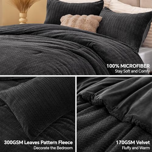 ChiXpace Fleece Full Size Comforter Set Black, Fluffy Bed Set 3 Pieces - Image 2