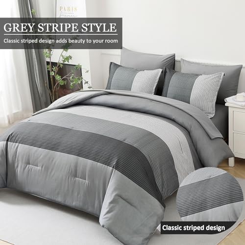 WONGS BEDDING Grey Comforter Set Queen, Reversible Grey Striped Patchwork Down - Image 2