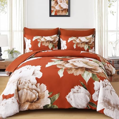 Burnt Orange Comforter Set King Size, 7 Piece Floral Bed in a Bag by Dobuyly