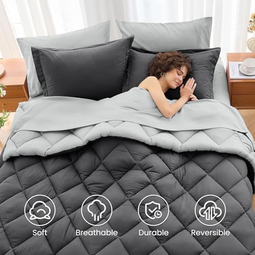 Full Comforter Set 7 Pieces, Reversible Bed in a Bag, Dark/Light Grey - Image 6