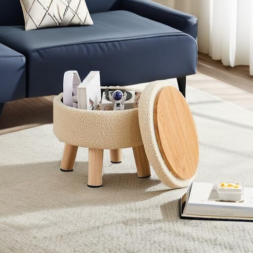 Wimarsbon Storage Ottoman, Modern Round Footrest with Soft Padded Seat, Teddy Velvet Footstool with Wood Legs, Accent Small Table or Plant Stand for Hallway, Living Room (Off-White)