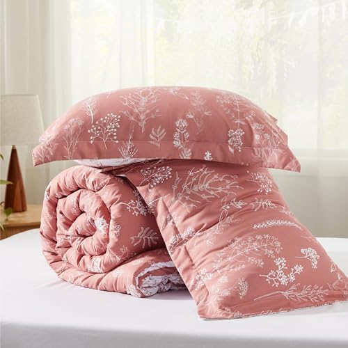 Bedsure Floral Comforter Set Cute Bedding Set Queen Reversible Pink Clay - Image 7