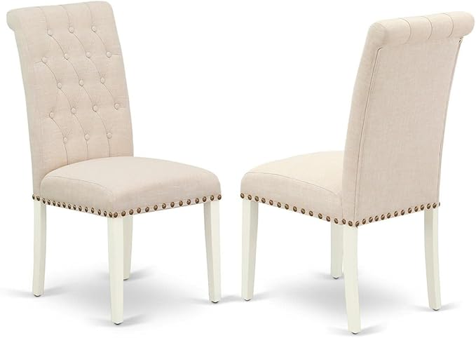 East West Furniture OXBR3-LWH-02 3 Piece Dining Room Furniture Set Contains a Square Dining Table and 2 Light Beige Linen Fabric Parsons Chairs, 36x36 Inch, Linen White