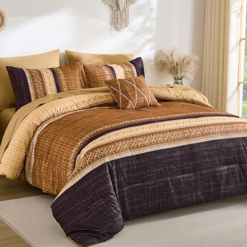 Dintszyayue Boho King Comforter Size Set, 8 Pieces Striped Texture Gold Purple by Dintszyayue
