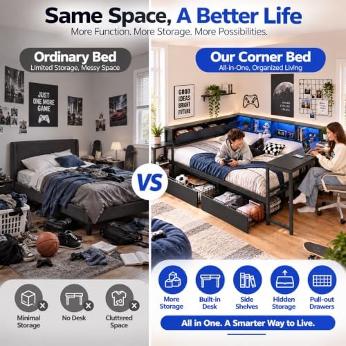 Queen Corner Bed with Desk and Storage, LED corner Bed Frame - Image 7