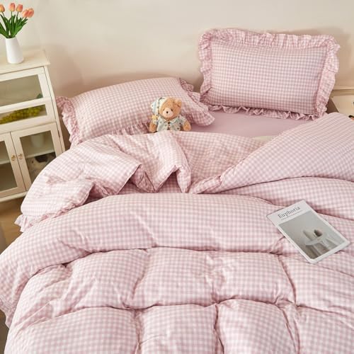 5 Pcs Pink Gingham Ruffled Comforter Set Twin - Image 2