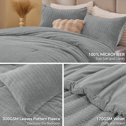 ChiXpace Fleece King Size Comforter Set Light Grey, Fluffy Bed Set 3 Pieces - Image 2