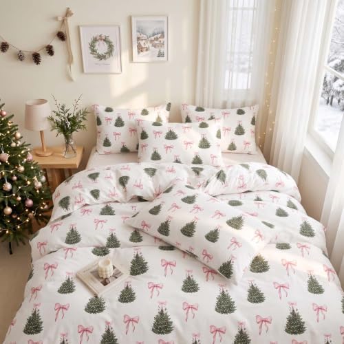 Nayoroom Christmas Comforter Set Queen Pink Bow Tree Holiday Bedding - Image 3
