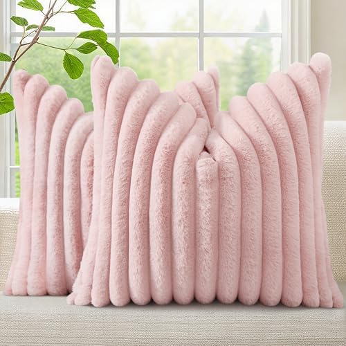decorUhome Fall Faux Fur Throw Pillow Covers 20x20 Set of 2 Pink by decorUhome