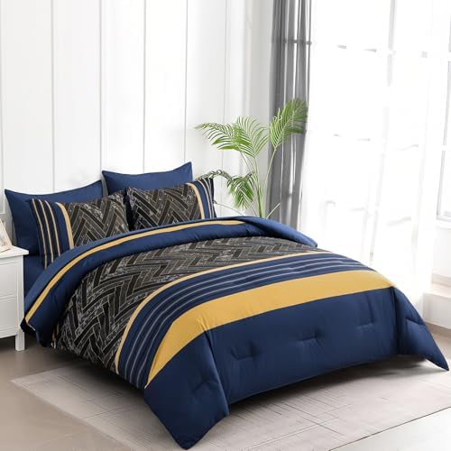 Blue and Yellow Comforter Set Queen Size, 7 Pieces Striped Bed in a Bag - Image 2