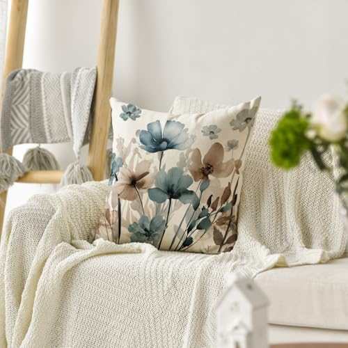 AVOIN colorlife Poppy Flowers Blue Brown Throw Pillow Cover 18x18 Inch - Image 4