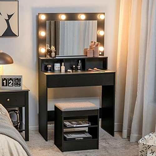 CHARMAID Vanity Table Set with Lighted Mirror, 8 Bulbs, Large Drawer, Tabletop by CHARMAID
