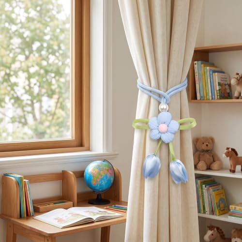 Floral Curtain Tiebacks, 4 Pack Adjustable Curtain Holdbacks, Dusty Blue - Image 2