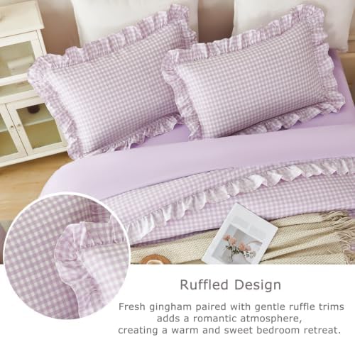 Full Gingham Comforter Set 5 Pieces Purple Ruffled Bedding Sets - Image 4