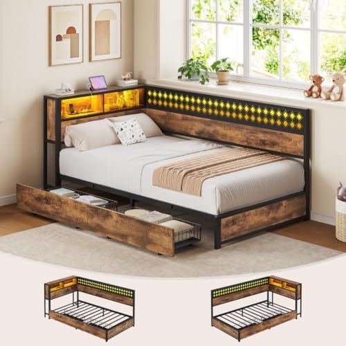 Twin Corner Bed Frame with 2 Storage Drawers, Charging Station by PIXOURA
