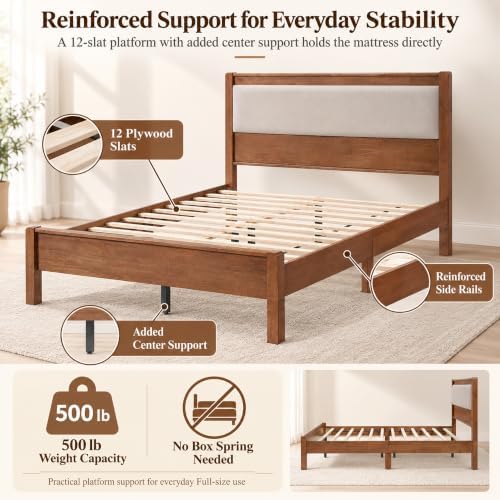 Full Bed Frame with Upholstered Headboard, Wooden Platform Bed - Image 6