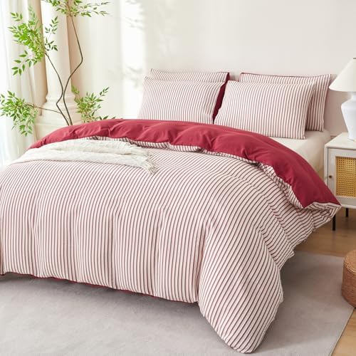 King Size Comforter Set Brick Red Striped Soft Washed Microfiber Jacquard 3 - Image 4