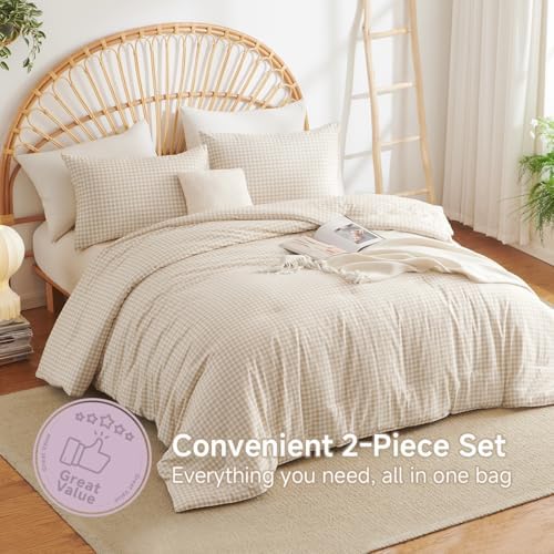 Gingham Comforter Set Twin Size Beige Bedding Set and 1 Pillowcase - Image 4
