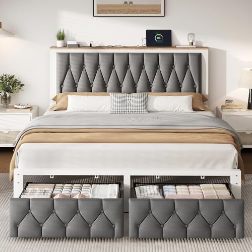Decofy Queen Bed Frame with 2 Storage Drawers, Upholstered Platform Bed Frame by Decofy