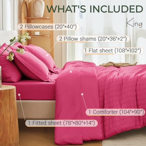 MUXHOMO King Comforter Set 7 Pieces, Seersucker Bed in a Bag, Hot Pink - Image 4