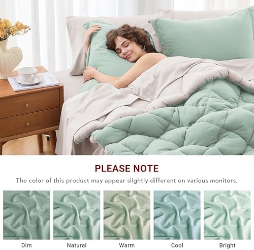 MUXHOMO California King Comforter Set 7 Pieces, Sage Green/Beige - Image 4