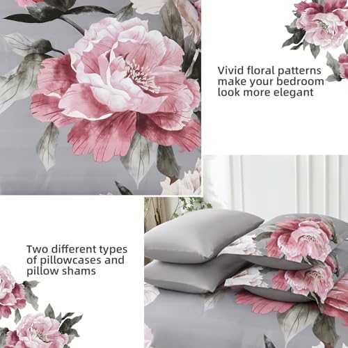 Pink and Grey Comforter Set Full Size 7 Piece Bed in a Bag, Floral Printed on - Image 5