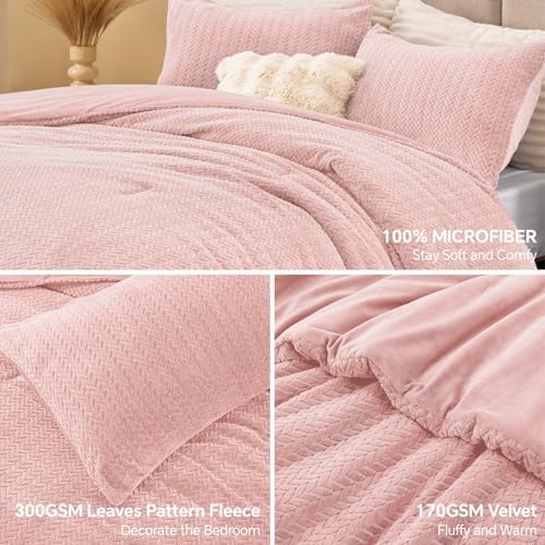 ChiXpace Fleece King Size Comforter Set Pink, Fluffy Bed Set 3 Pieces - Image 2