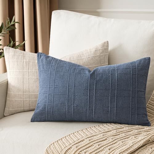 MIULEE Linen Plaid Pillow Covers Coastal Decorative Lumbar 12x20 Blue - Image 3