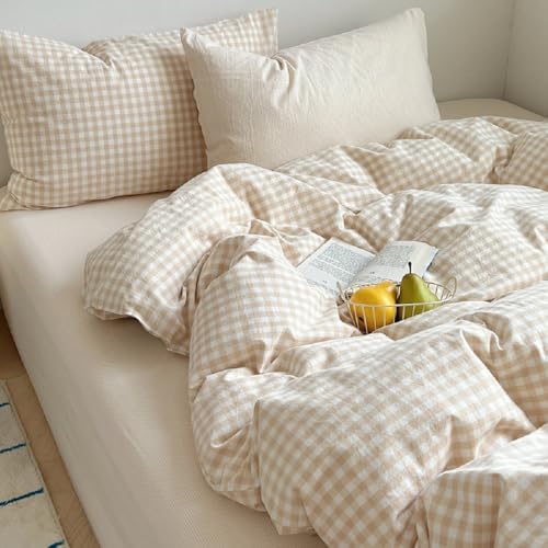 Gingham Comforter Set Twin Size Beige Bedding Set and 1 Pillowcase by Erwinmu