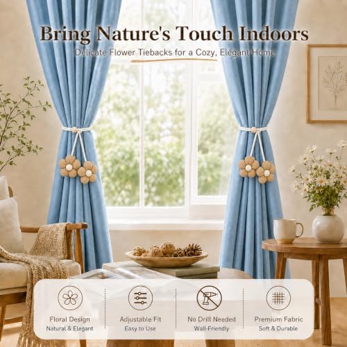 Flower Curtain Tiebacks 2 Pack, Adjustable No-Drill Rope Ties - Image 3