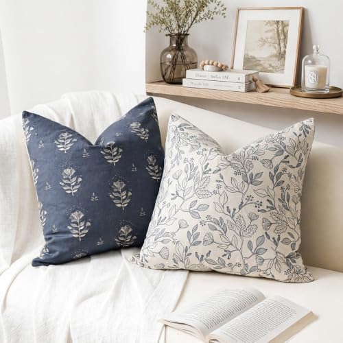 SageSelvas Throw Pillow Cover 20x20 Navy Blue Floral Print Cotton by Unknown